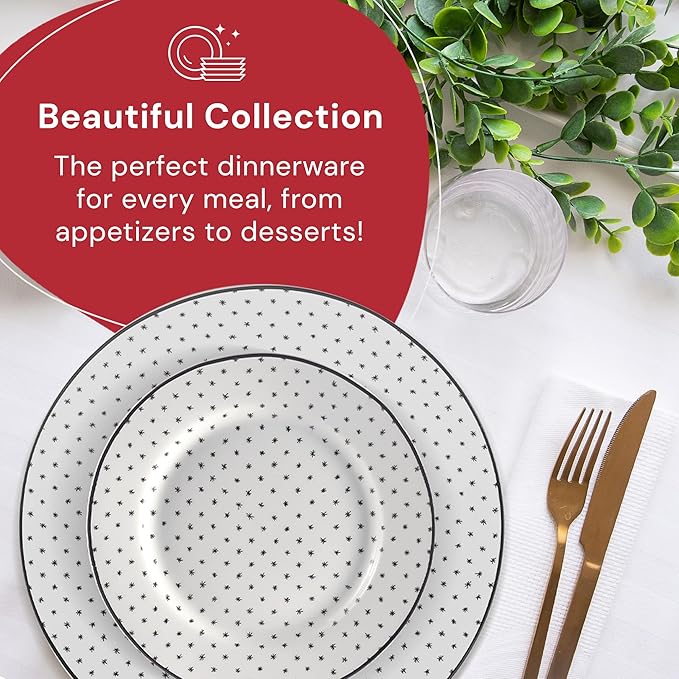 Safdie & Co. 12-Piece Black & White Sketch Dinnerware Set, Porcelain, Includes Plates, Bowls, and Serving Dishes, Dishwasher Safe