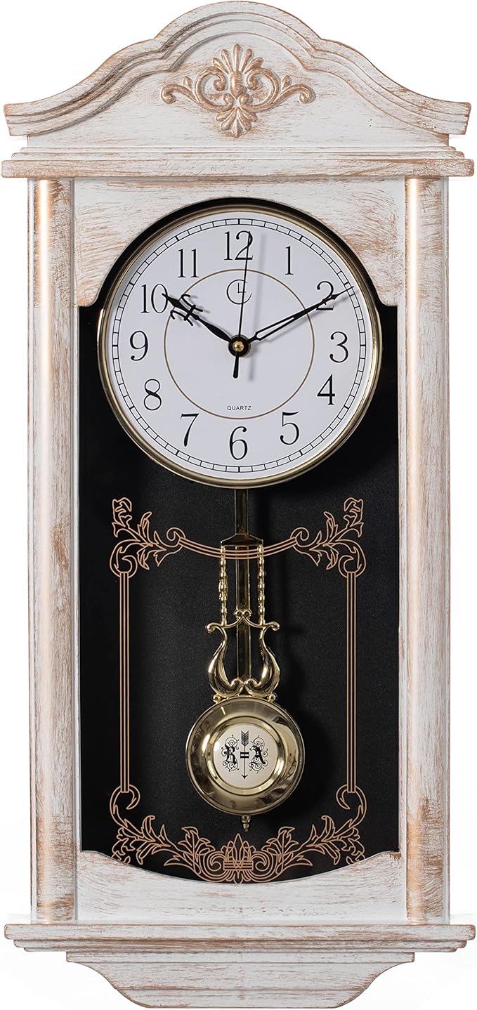 Clockswise Vintage Grandfather Wood - Looking Plastic Antique Pendulum Wall Clock for Living Room Decor, Kitchen, Office, Or Dining Room, Silent Wall Mount Battery-Operated (White)