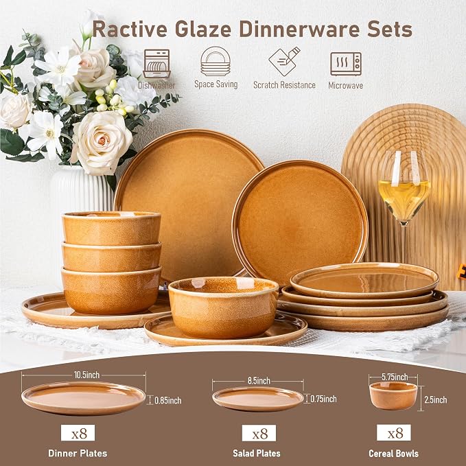 GBHOME Ceramic Dinnerware Sets for 8, 24 Pieces Stoneware Plates and Bowls Sets, Scratch Resistant Dishes, Dishwasher & Microwave Safe, Reactive Glaze-Amber