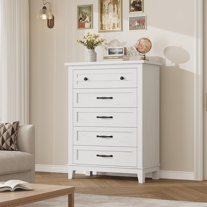 GarveeHome 5 Dresser for Bedroom, 41.3 in Tall Vertical Drawer Dresser with Large Storage, Freestanding Wooden Closet Chest for Bedroom, Living Room, White