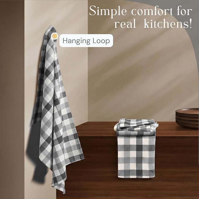 Checked Kitchen Towels 4 Pack, 18x26 Inches, Absorbent Dish Cloths, Reusable and Washable Tea Towels for Drying and Cleaning, Quick Dry Wash Rags - Light & Grey, Natural
