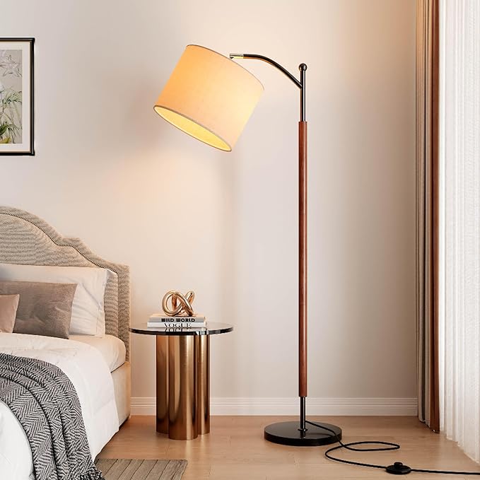 Arc Floor Lamp, Corner Mid Century Modern Floor Lamp, Standing Lamp with Adjustable Hanging Lampshade and Marble Base, Floor Lamps for Living Room, Bedroom, Office, Walnut Brown