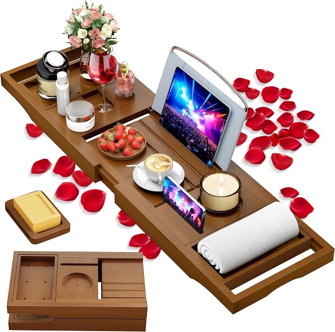 Foldable Bathtub Caddy Tray, Bamboo Bath Tub Tray Table for Tub with Wine Glass Holder Book Phone Tablet Holder with Extending Sides, Adjustable Bathroom Bathtub Free Soap Holder Gift Idea (Walnut)