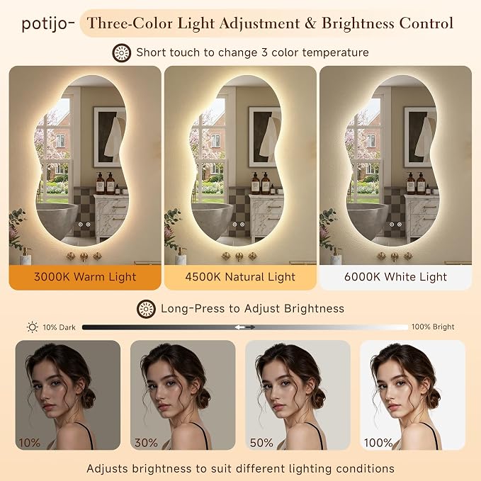 Irregular Backlit Bathroom Mirror with Lights 40 x 24, Asymmetrical Cloud Led Lighted Vanity Mirror for Wall, Anit-Fog, Dimmable, (Horizontal/Vertical)