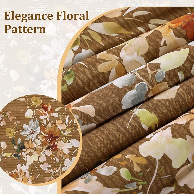 Dobuyly Fall Queen Comforter Set, 7 Pieces Brown Floral Comforter Set, Bed in a Bag Queen with Botanical Flowers Pattern, Farmhouse Queen Size Bedding Set with Sheets, Pillowcases & Shams