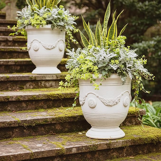 Large Urn Planter Magnesium Oxide Plant Pot with Cement Texture Concrete Urn Planters with Drainage Hole, 14" Dia x 17.5", White