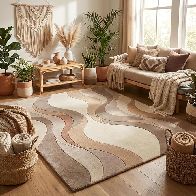 Geometric Multicolor Hand Tufted Wool Area Rug Modern Style Curve Pattern Warm Backing Floor Rug for Bedrooms Lounge Entryways & Gallary 2.5x8 Feet