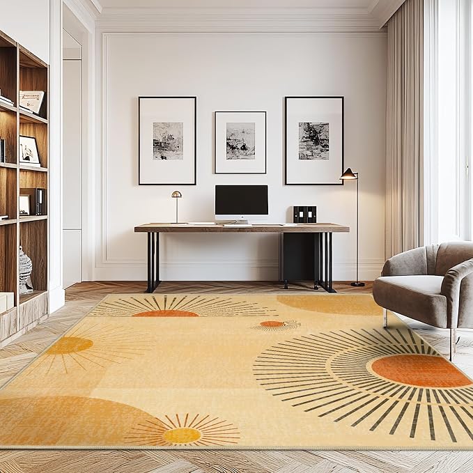 9x12 Large Area Rug for Living Room Sun Rug Mid Century Modern Rugs Machine Washable Boho Geometric Rug Non Slip Printed Low Pile Indoor Floor Carpet for Dining Room Bedroom Office,Yellow