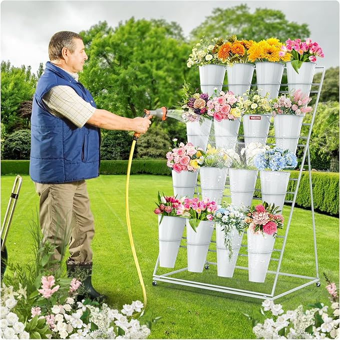 Flower Display Stand 4 Layers with 16 PCS Round Buckets, Plant Stand with Wheels, Movable Metal Plant Stand for Terrace Garden, Florist Shop