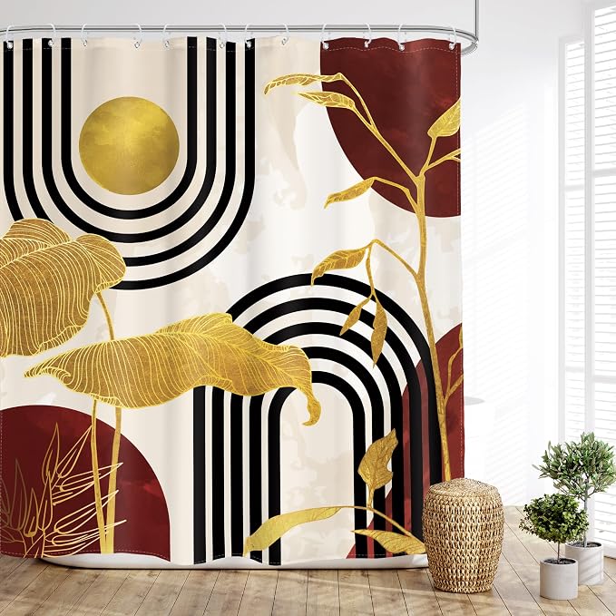 Glawry Red Abstract Mid Century Shower Curtain Boho Retro Tropical Palm Tree Plant Minimalist Sun Arch Bathroom Geometric Aesthetic 60Wx72L Inches Bath Accessories Art Home Decor Fabric 12 Pack Hook