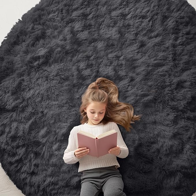 OLANLY Black Round Rugs for Bedroom - Machine Washable, 7 ft Circle Area Rugs for Living Room, Soft and Fluffy Shaggy Carpet for Teen Girls and Boys, Nursery Rooms, Dorms, Home Decor Aesthetic