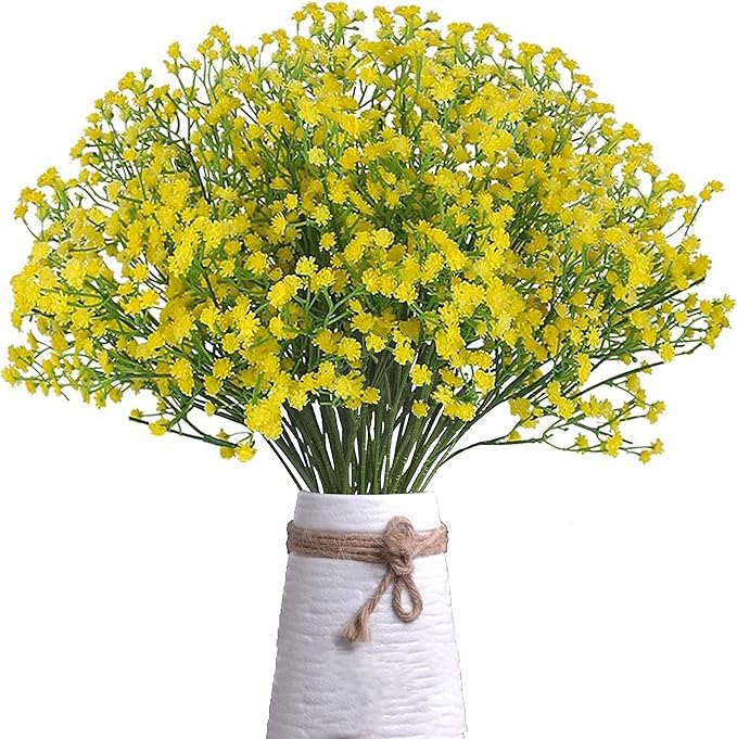 JIFTOK Babys Breath Artificial Flowers, 24 Pc Fake Flowers Gypsophila Bouquet Fall Flowers Artificial for Decoration, Real Touch Silk Flower for Wedding Christmas DIY Party Home Garden Office (Yellow)