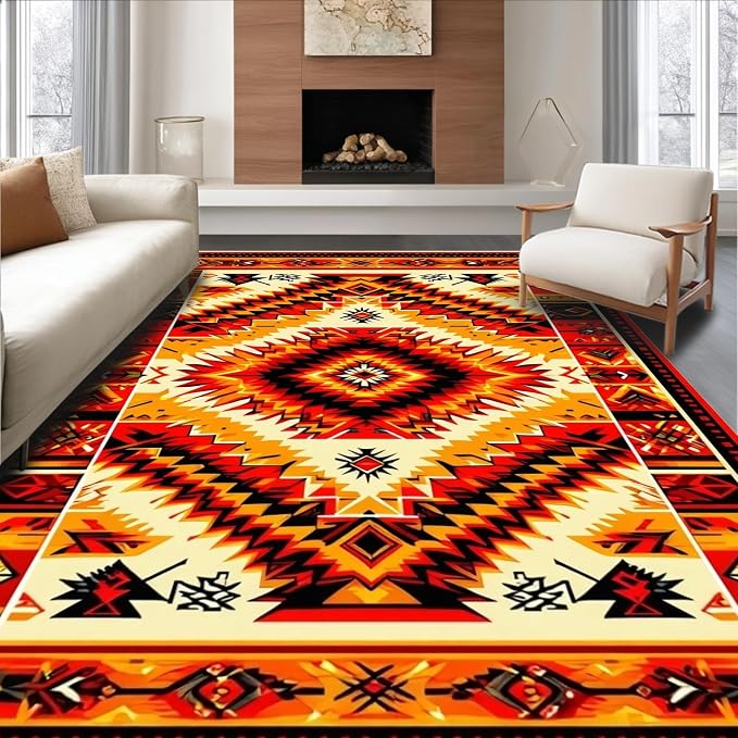 Flatwoven High Traffic Area Rug 6x9, Vintage Aztec Adventure Rug, Non Slip, Stain Resistant, Washable Area Rugs for Living Room, Bedroom (Red, 6x9)