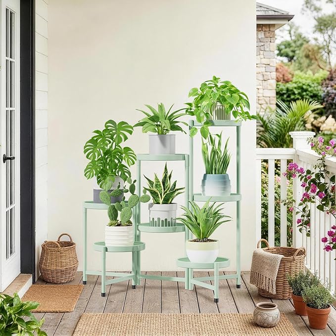 iDavosic.ly 7 Tier Large Plant Stand Indoor, 10 Inch Wide Tall Corner Metal Plant Stands Outdoor for Multiple Plants, Folding Tiered Flower Display Holder Rack Shelf, Light Green