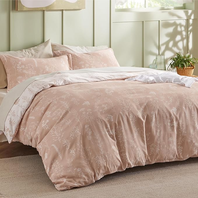 Bedsure Duvet Cover Queen Size - Reversible Pink Queen Duvet Cover Set with Zipper Closure, 3 Pieces Cute Floral Patterned Bedding Set with 8 Corner Ties and 2 Pillow Shams