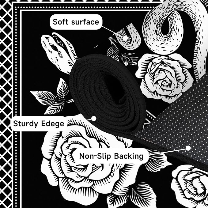 6'x9' Gothic Snake and Rose Area Rug Black and White Floral Vine Floor Mat Retro Boho Carpet Washable Low Pile Indoor Rugs for Entryway Bedroom Living Room Kitchen Home Decor