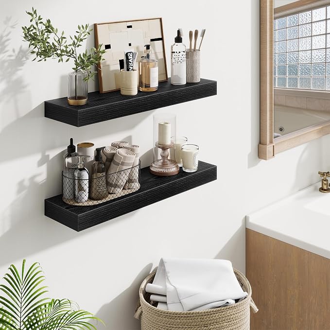 Fun Memories Floating Shelves Set of 2, 24 Inch Floating Shelves for Wall, Wood Wall Shelves with Invisible Brackets, for Bathroom, Bedroom, Living Room, Kitchen, Black