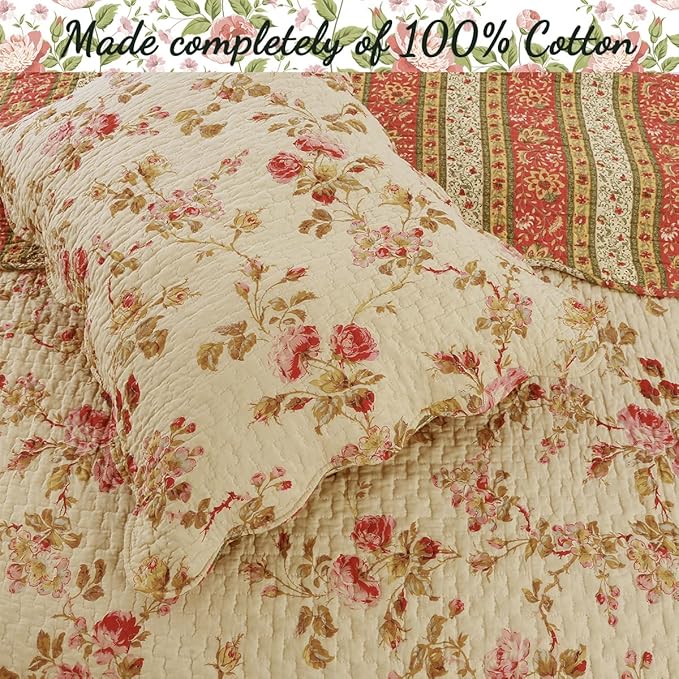 Cozy Line Home Fashions Rose Garden Vintage Floral Pink Khaki 100% Cotton Reversible Quilt Bedding Set, Coverlet Bedspread (Vintage Rose, King - 3 Piece)