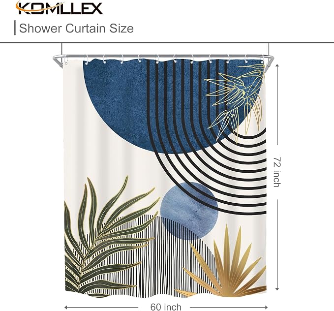 KOMLLEX Mid Century Blue Green Boho Shower Curtain 60Wx72L Inches Abstract Modern Shower Curtains for Bathroom Decor Plant Botanical Minimalist Arch Sun Fabric Liner Waterproof Polyester 12 Pack Hooks
