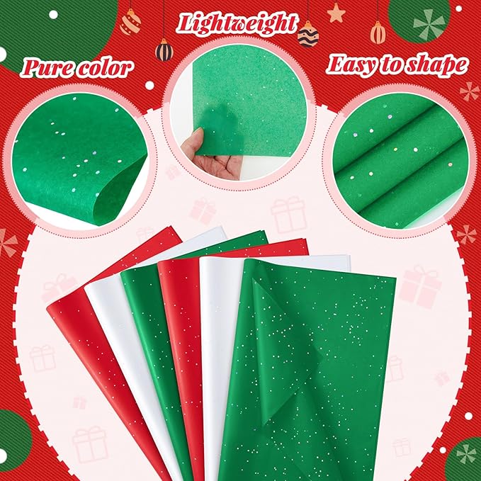 Qilery 500 Sheets Christmas Glitter Red Green White Tissue Paper Bulk 15 x 20 Inch Wrapping Paper for Gift Bags Acid Free Tissue for Christmas Craft Supplies, Bouquets, Garlands, Forming Pompoms