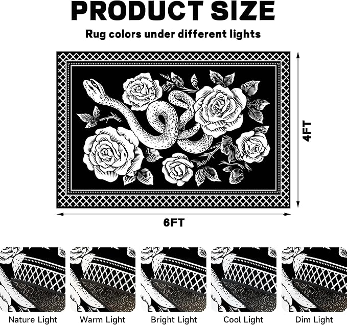 4'x6' Gothic Snake and Rose Area Rug Black and White Floral Vine Floor Mat Retro Boho Carpet Washable Low Pile Indoor Rugs for Entryway Bedroom Living Room Kitchen Home Decor