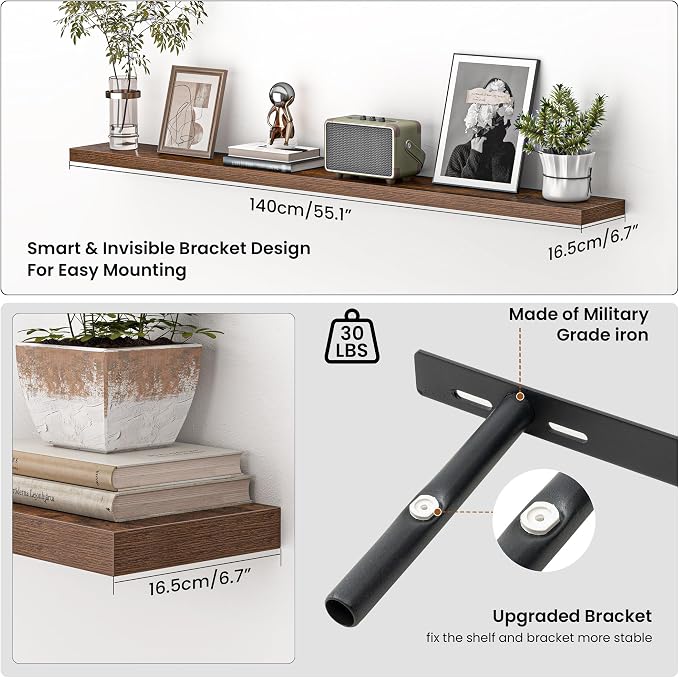 Heimlove 55 Inch Floating Shelves for Wall,Extra Long Mounted Storage wall Shelves with Invisible Metal Bracket for Bedroom Living Room Kitchen Office Set of 2,Rustic Brown