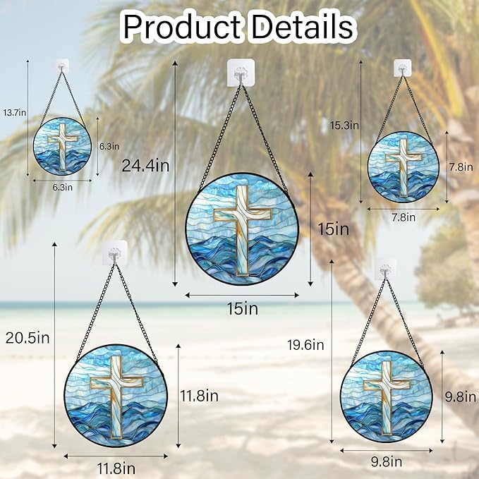 Christian Gifts for Women - Blue Cross Stained Glass Window Hanging Jesus Easter Ocean Waves Sun Catcher Garden Religion Decor Mother's Day Catholic Gift for Men Grandma Mom Her Nana 6.3"