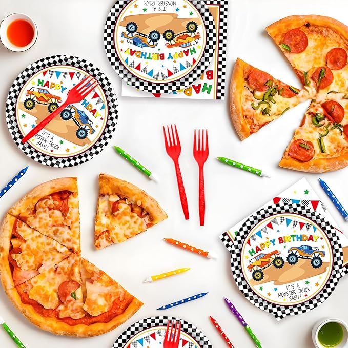 72Pcs Racing Car Party Plates and Napkins Monster Truck Birthday Party Supplies Disposable Checkered Race Tableware Set for Boys Birthday Wheel Sports Baby Shower Decorations Serves 24
