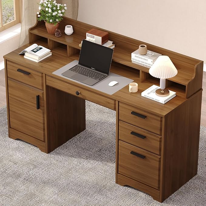 Executive Desk with File Drawers,Computer Desk with Storage,58 Inch Home Office Desk with Storage Cabinet for Bedroom, Rustic Brown