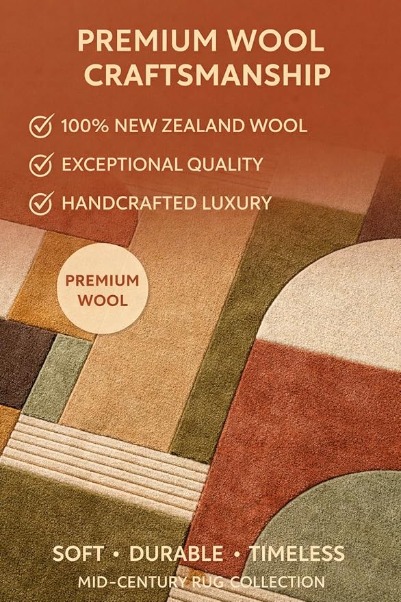 Hand Tufted Wool Geometric Rug – Mid Century Modern Terracotta Olive Cream Area Rug 8x10