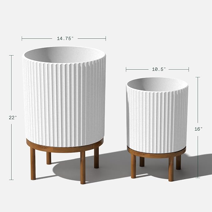 Veradek Demi Series Round Planter w/Stand for Porch/Patio | Durable Plastic-Stone Composite & Wooden Stand | Modern Décor for Tall Plants, Flowers