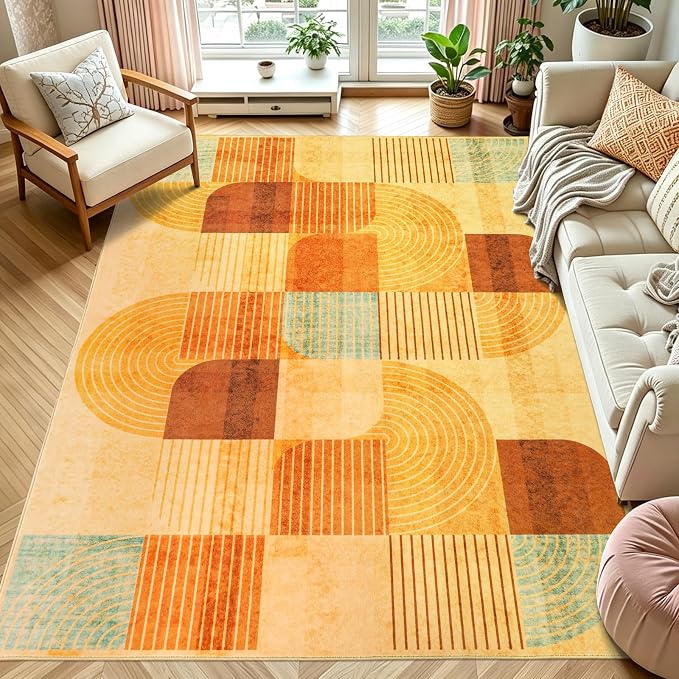 8x10 Area Rugs for Living Room, Soft Modern Abstract Geometric Rug for Bedroom, Washable Non-Slip Indoor Floor Carpet for Dining Room Nursery Home，Multi/Orange
