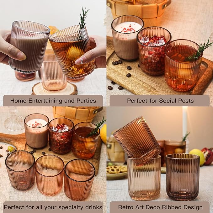 Melanin Ribbed Drinking Glasses Set of 6,8.5oz Colored Vintage Highball Tumblers,Amber Glassware for Juice,Milk,Coffee & Cocktails,Gift for Party,Housewarming,Mother's Day