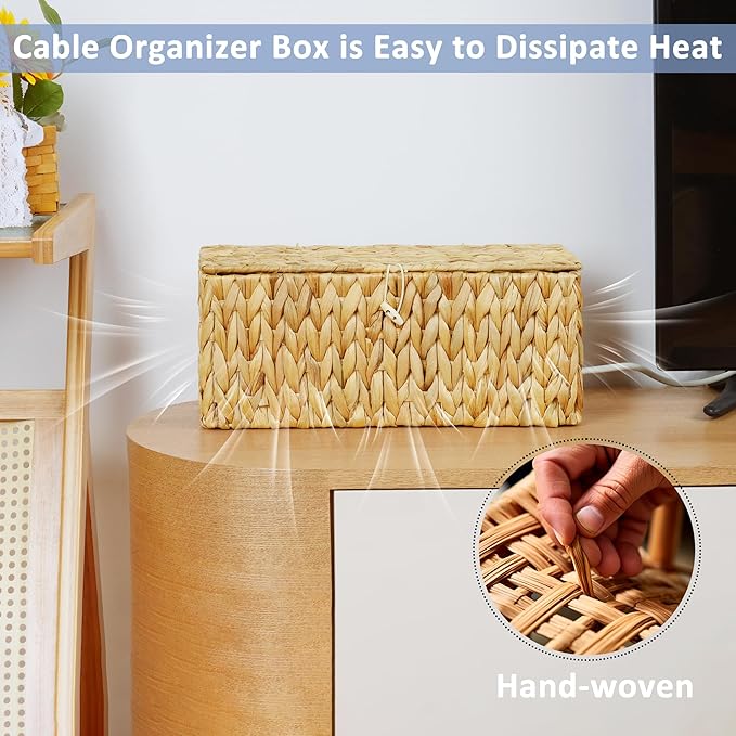 efluky 2 Pack Hand-Woven Cable Management Box with Lid, Water Hyacinth Open Slots Cord Box to Hide USB Wire, Power Strip & Charger for Home & Office and Dorm, Natural