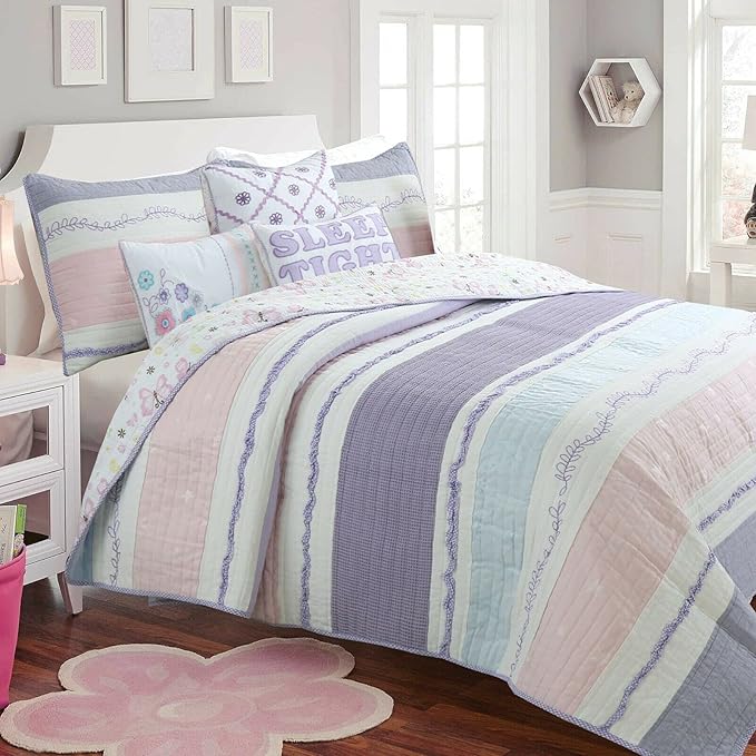 Cozy Line Home Fashions Lavender Blue Pink Ruffles Girl 100% Cotton Reversible Quilt Bedding Set, Coverlet, Bedspread (Lavender Dream, Queen - 3 Piece: 1 Quilt + 2 Shams)
