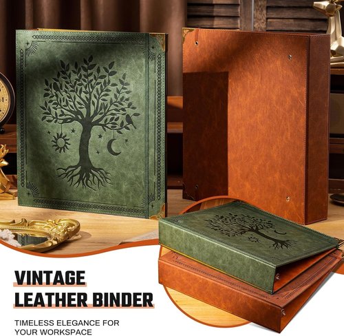 Ovesmusl Leather D-Ring Binder - 2 Inch Holds 550 Sheets | Fits 8.5"x11" Letter Size Paper - Green Tree Design