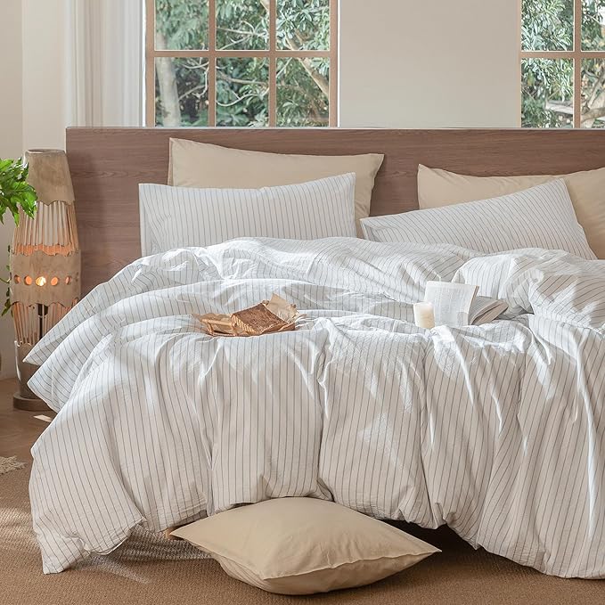 MooMee Striped Duvet Cover Set 100% Washed Cotton Linen Like Textured Breathable Durable Soft Comfy (White Cornflower Blue Wide Stripes, Alaska King 132"x120")