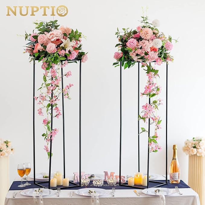 Nuptio Metal Black Vase, 2 Pcs 39.4 inch Tall, Elegant Cylinder & Square Vase for Wedding Centerpieces, Home Party Decorations