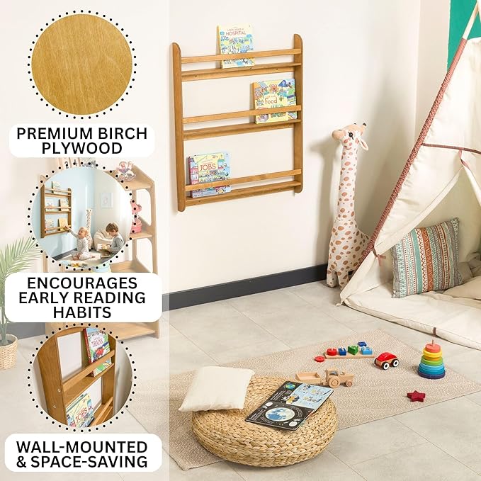 Montessori Wall-Mounted Bookshelf for Toddlers Toy Storage Shelf Organizer for Playroom and Classroom Floor Bookshelves for Kids Room (Oak, XL, 3)