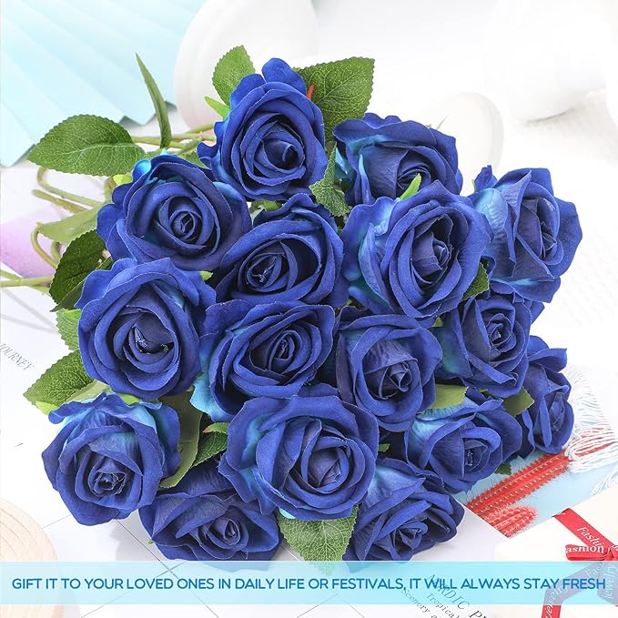 Jexine 50 Pcs Artificial Rose Flower Bulk Realistic Silk Fake Roses with Long Stem Plastic Artificial Flower Bouquet Real Looking for Home Wedding Centerpieces Party Decoration(Blue)