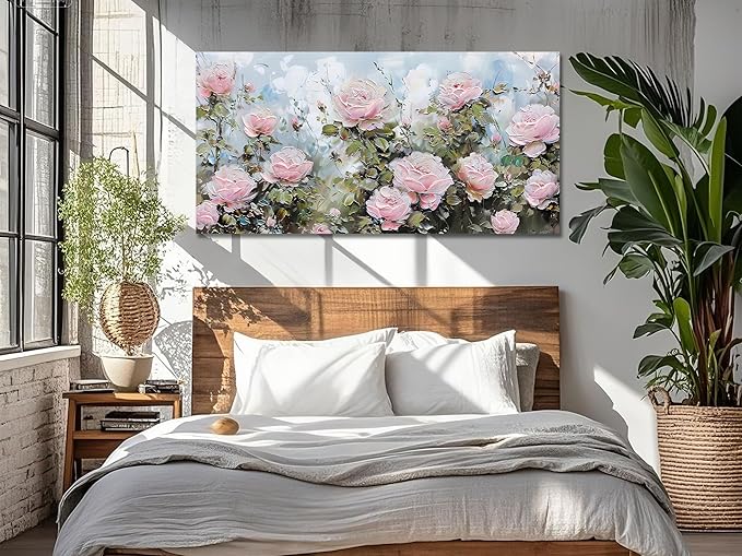 Ardemy Flower Wall Art Canvas Art Wall Decor, Floral Painting Textured Picture Living Room Pink Rose Artwork Large Framed for Bedroom Kitchen Dining Room Home Office Decor 40"x20"