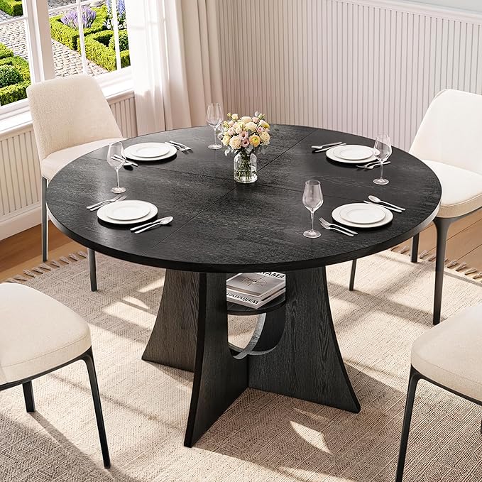 47" Round Dining Table for 4-6, Space-Saving Dining Room Table with Thick Tabletop and Sculptural Base, Wood Grain Dinner Table with Storage Shelf for Kitchen, Dining Room, Living Room, Black
