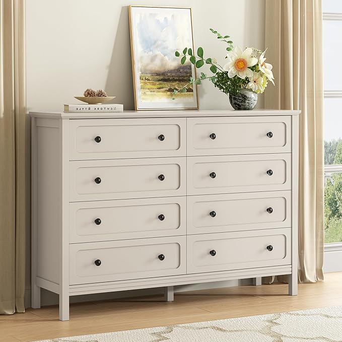CARPETNAL Beige Dresser for Bedroom, 55" Wide 8 Drawer Dresser with Metal Handles and Deep Drawers, Modern Large Wood Chest of Drawers for Living Room, Hallway.