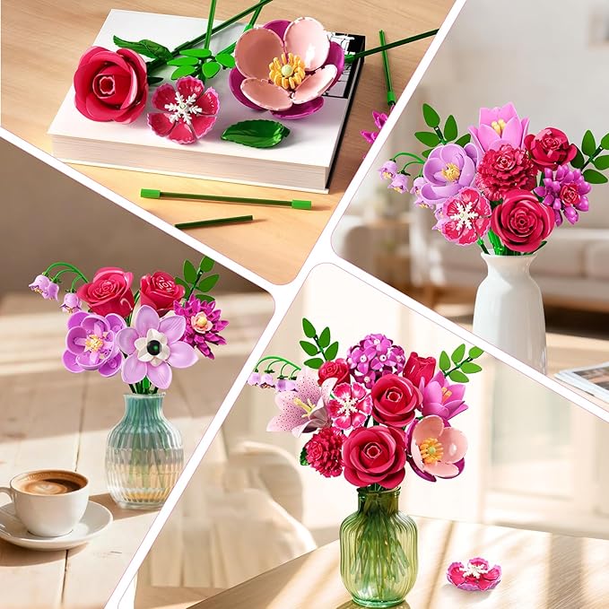 Flowers Bouquet Building Set with Light - 21 Rose Red Botanical Collection Building Block Set for Adults, 832 PCS Flower Plant Kit for Home Decor, for Her Women Girls Kids 12+