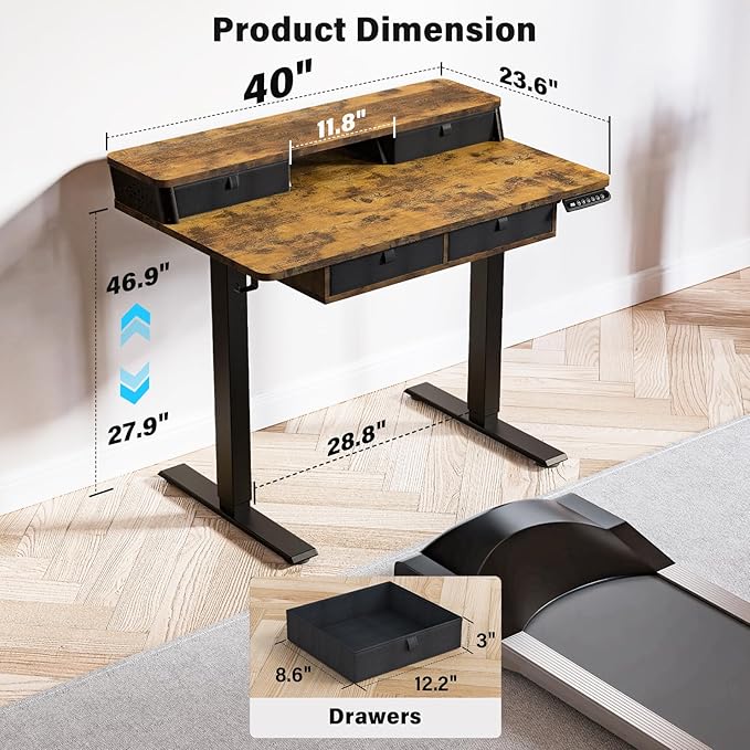 Electric Standing Desk with 4 Drawers 40''x 24'' Small Adjustable Height Sit to Stand Up Desk with Storage Shelf, C-Clamp Mount Compatible Black Home Office Desks Computer Desk Ergonomic Workstation
