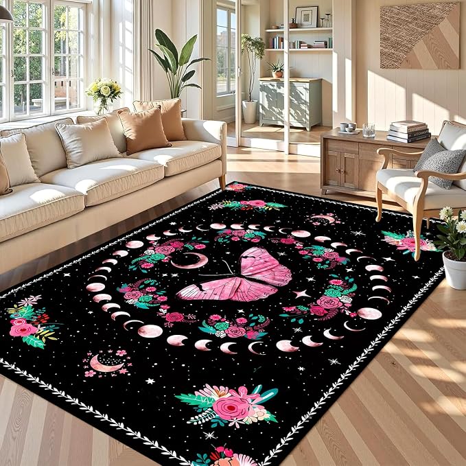 Pink Butterfly Area Rug 6'x9' Moon Phase Floral Rugs for Bedroom Living Room Kitchen Nursery Playroom Home Decor Boho Gothic Butterfly Carpet Non-Slip Washable Floor Mat