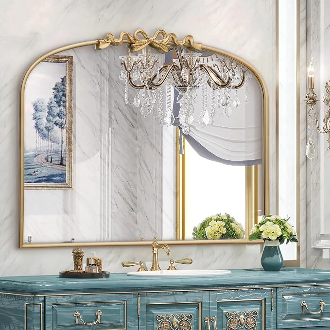 Besdomus Antique Arched Large Mirror: 36"x29" Gold Bow Vintage Wall Mounted Mirror - Baroque Traditional Ornate for Fireplace/Bathroom/Entryway - Home Decor for Fashion-Conscious
