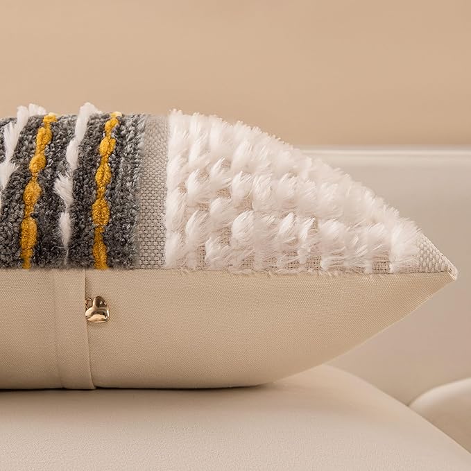 KOOLIFE Boho Chenille Tufted Couch Throw Pillow Covers 18x18 Inch Set of 2 Farmhouse Striped Decorative Pillow Covers Accent Neutral Pillowcase Grey Yellow Cushion Cover for Living Room Sofa Bed