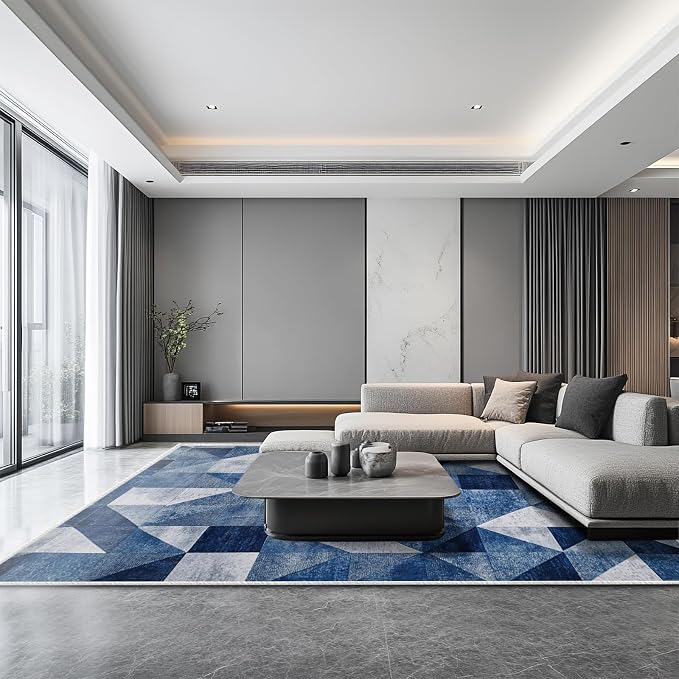 8x10 Navy Blue Area Rug Modern Geometric Blue White Beige Bedroom Rug Soft Low Pile Thin Large Carpet Living Room Non Slip Dining Room Stain Resistant Office Washable Machine