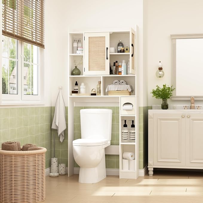 RUSTOWN Rattan Over The Toilet Storage Cabinet,Boho Over Toilet Bathroom Organizer with 2 Doors & Adjustable Shelves,Modern Above Toilet Rack with Toilet Paper Holder for Bathroom (Vintage White)